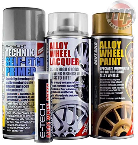 MP Essential E-Tech 4 Step System Alloy Wheel Restore Refurbishment Repaint Pack | Alloy Wheel Primer, Lacquer & Paint with FREE Putty Included (Drift Gold)