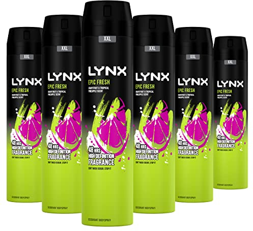 Lynx Men Epic Fresh Deodorant Body Spray Antiperspirant with grapefruit & tropical pineapple scent and ProScent technology and 72 hours protection against odour and wetness 250 ml, Pack of 6