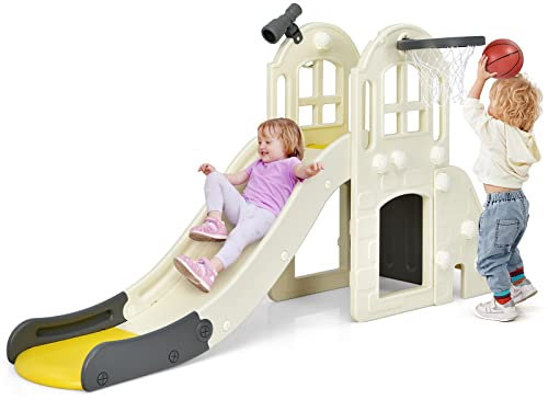 COSTWAY Gran Tobogán Infantil 6 en 1, Juego Infantil con Cesta, Pelota, Lanzamiento de Anillas y Telescopio, Parque Infantil de Interior y Exterior para Niños y Niñas (Amarillo)