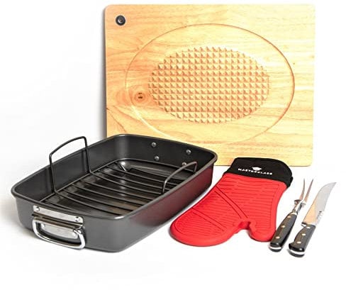 MasterClass Roasting Pan with Rack, Two Piece Carving Set, Carving Board & Silicone Oven Glove