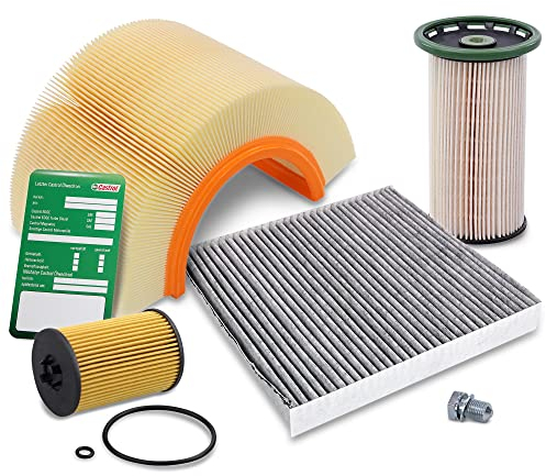 ATEC Germany Inspektionspaket Filterset mit 1x Ölfilter, 1x Kraftstofffilter, 1x Innenraumfilter (Aktivkohle), 1x Luftfilter, 1x Ölablassschraube mit Dichtung, 1x Ölwechselanhänger