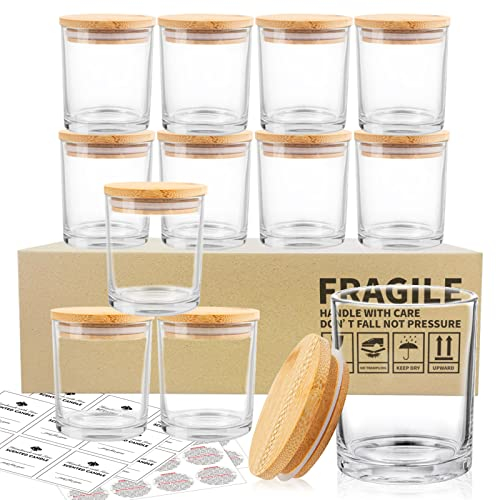 SUPMIND Paquete de 12 tarros de cristal para velas, tarros vacíos transparentes de 10 onzas con tapas de bambú y etiquetas adhesivas, tarros de velas a granel para hacer recipientes de velas, aptos