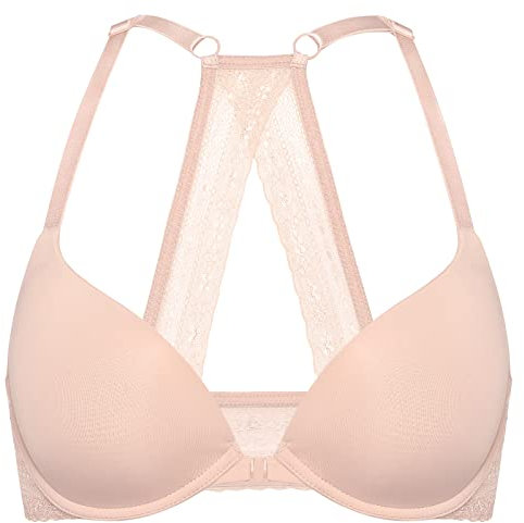 DOBREVA Damen Vorderverschluss Push Up BH mit Bügel Soft T Shirt Tiefen Ausschnitt BHS Neckholder Gepolsterter Blush Beige 85C