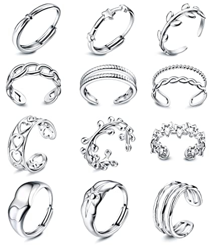 JeryWe 12PCS Edelstahl Ringe Damen Verstellbar Silber äSthetischer Schmuck Stapelbar Trendy Knöchel Daumen Finger Ringe GrößE 6-9 Indie Offene Set(Stil1)