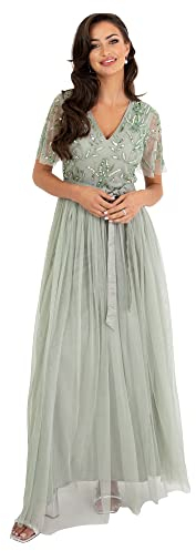 Maya Deluxe Damen Womens Maxi Dress Ladies Ball Gown for Wedding Guest Embellished Tie Waist V Neck Bridesmaid Prom Evening Occasion Kleid, Green Lily, 36
