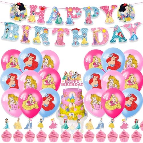 Princess Birthday Decoration Princess Birthday Party Supplies Happy Birthday Banner, Balloons, Cake Topper, Cupcake Toppers for Girls Birthday Party