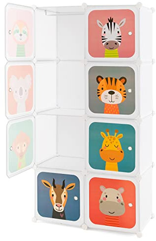 COSTWAY 8/12 Cube Children Clothes Closet, Cartoon Modular Wardrobe with Hanging Sections, Kids Storage Unit for Children Room, Nursery, Bedroom