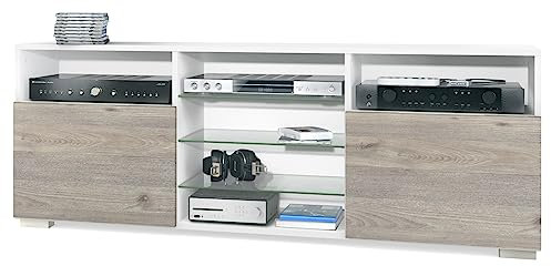 Vladon TV-Board Granada, Lowboard mit 2 Türen und 6 offenen Fächern, Korpus Weiß matt, Fronten in Eiche Nordic (146 x 54 x 35 cm)