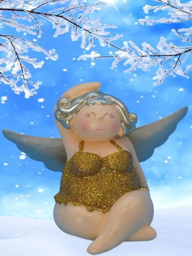 Pommerntraum ® | Mollyengel - molliger Schutzengel - moppeliger Engel - Glücksengel - Nana Engel - Rubensengel - Rubensfigur - Weihnachtsengel - Molly (Gold mit Glitzer sitzend)