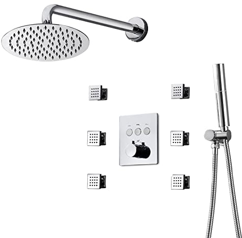 Duschsystem, thermostatisches 10-Zoll-Badezimmer-Duscharmatur-Set, Chrom-Duschkombinationsset, Messing-Mischer-Dusche mit rundem Duschkopf, 2 Modi Handbrause, 6 Körperdüsen, Wandmontage