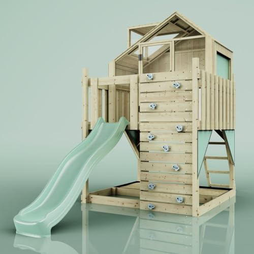 Rebo Spielturm aus Holz mit Wellenrutsche | Outdoor Klettergerüst mit Plattform, Spielhaus, Kletterwand, Sandkasten und Kleterseil