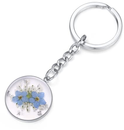 Porte-clés de fleurs sauvages en dentelle de Myosotis et de la reine Anne | Porte-clés de vraies fleurs | Porte-clés personnalisé fait à la main | Charmes de porte-clés de fleurs pressées séchées
