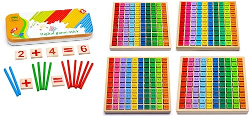 Natureich 4X Rechenbrett Plus Montessori Mathe Spielzeug Holz Metallbox Rechenstäbchen - 1x1, Division, Addition, Minus, Multiplikationsbrett, Lernen für Grundschüler Einmaleins Tafel