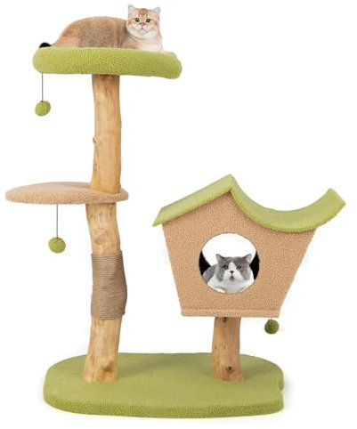 COSTWAY Arbre a Chat en Bois Massif 110 CM, Tour pour Chat en Bois avec Poteaux à Griffer en Sisal, Condo, Perchoir, Pompon, Design Tronc
