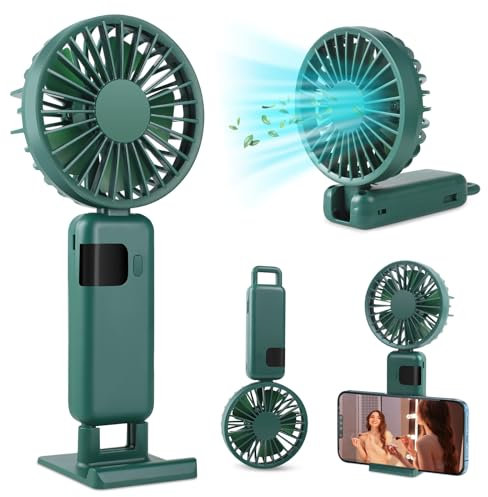 Huang Jia Ventilador Portátil de Pie Plegable Mini Ventilador de Mano USB Batería Recargable Silencioso Potente Pequeño Colgante Ventiladores de Mesa 5 Velocidades LED Viento Fuerte Hand Fan (Verde)