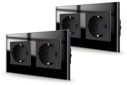 JIMEIDA Paquete de 2 enchufes dobles de vidrio negro empotrados, enchufes Schuko con contacto protector, enchufe de pared de 16 amperios, 250 V, 157 mm x 86 mm