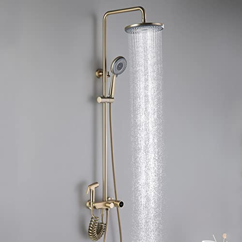 Aufputz-Duschsystem, gebürstetes Gold, Badewannen-Duscharmatur mit Temperaturanzeige, Duschkopf mit Handbrause, Wannenarmatur, Bidetdusche, modern