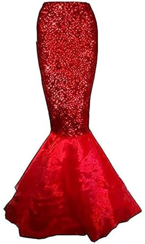 SANSIWU Damen Meerjungfrau Schwanz Kostüm Pailletten Maxirock Metall Holografische Schuppen Druck Slim Fit Meerjungfrau Rock mit Perlenkette für Cosplay Party, rot (a), M