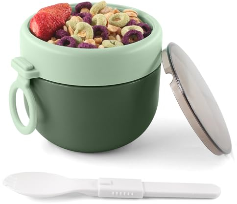 HUAERSICO Taza de cereales para llevar, 600 ml+50 ml, vaso de yogur con tapa y cuchara plegable, taza de desayuno portátil extraíble de doble capa para la escuela, el trabajo y el picnic