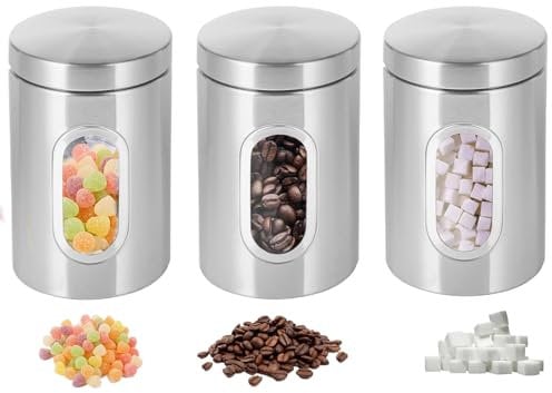 Paquete de 3 botes de cocina de acero inoxidable, juegos de recipientes para accesorios de cocina, recipiente de alimentos de acero inoxidable con tapas seguras y ventana de visualización, tarros de