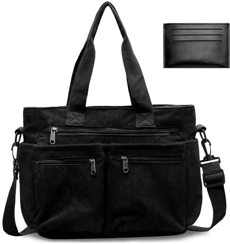 Hoseay Sac a Main Femme Velours Côtelé Sac Bandoulière Multipoches Sac Cabas Femme Grande Capacité Sac Fourre Tout Femme Tote Bag pour Travail École Voyage Shopping, Noir