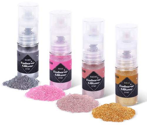 Sujoygar® Edible Glitter Spray for Drinks, Cakes, Cookies, Cocktails | 5g * 4 Colors Set | Gold Silver Pink & Rose Gold Luster Dust Edible | Cake Glitter Edible Spray for Party Decorations