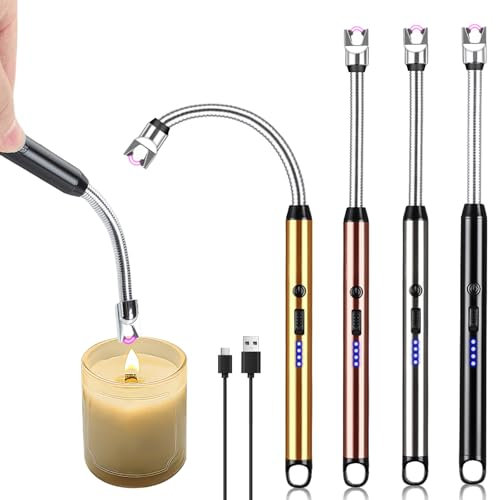 4 PCS Lichtbogen Stabfeuerzeug, USB Aufladbar Lichtbogen Feuerzeug mit Sicherheitsschloss, Tragbare 720° Winddichte Feuerzeuge für Küche Herd Camping Feuerwerk Kamin Kerzen Anzünden