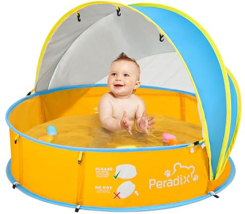 Peradix 4 in 1 Pop Up Baby Planschbecken,Babypool mit UV Schutz Bällepool, Baby Zelt Strandzelt mit Moskitonetz,Tragbare Spielzelt Bällebad Sonnenschutz Sommer für Jahre (Blau-Gelb)