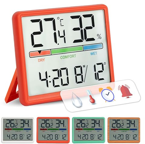 GIFTMARKET - Digitales Innenraumthermometer mit Hygrometer, Komfortanzeige, Uhr und Kalender, Farbe Rot, ideal für Zuhause, Material ABS, Maße 9,3 x 7,2 x 1,6 cm