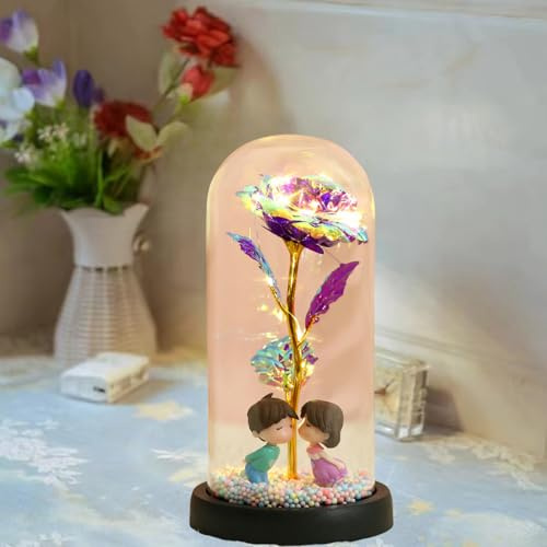 Xusdamyj Galaxy Rose „Die Schöne und das Biest“, Rose im Glas, Weihnachtsrosen-Geschenke für Frauen, Mutter und Freundin, leuchtende Rose in Glaskuppel, Geschenke, Kristallrosen-Blumenlampe