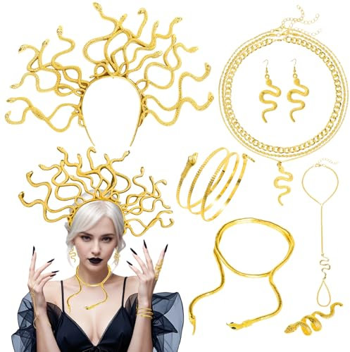 Medusa Kopfschmuck Schlange Stirnband Kostüm Frauen Griechische Göttin Mädchen Medusa Armband Gold Stirnband Halskette Kette Accessoires Kostüm Cosplay Party Karneval Halloween Fasching Mottoparty