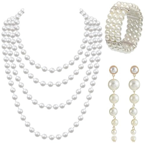 Scinzene 20er Jahre Kostüm Damen, Elegant Set of 3 20er Jahre Accessoires for Women - 1920s Perlenkette, 3-Row Stretch Bead Bracelet, Plastic Bead Earrings, Vintage Beads Set for Party, Prom, Wedding