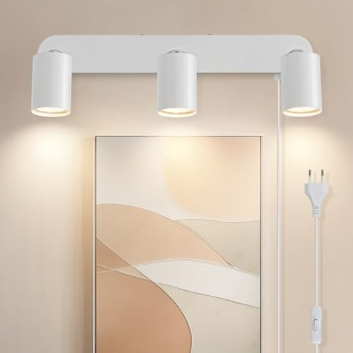 TaFiCo Wandlampe mit Schalter und Stecker 3 Flammig Weiß GU10 - Wandleuchte mit Stecker und Kabel Moderne Drehbar 350° - Wandlampe Schlafzimmer Wohnzimmer Korridor Wandmalerei - Ohne Leuchtmittel