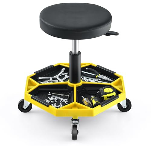 COSTWAY Rolling Mechanic Stool, Height Adjustable Swivel Pneumatic Roller Creeper Seat with Wheels & Tool Tray, 150kg Capacity Garage Workshop Padded Chair (Black+Yellow)
