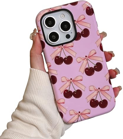 EYZUTAK Case for iPhone 14 Pro Max, Cute Red Cherry Pink Bow Phone Case Glossy Aesthetic Pattern Slim Soft Durable TPU and Hard PC Shockproof Protective Bumper Phone Cover for Women Girls - Cherry Bow