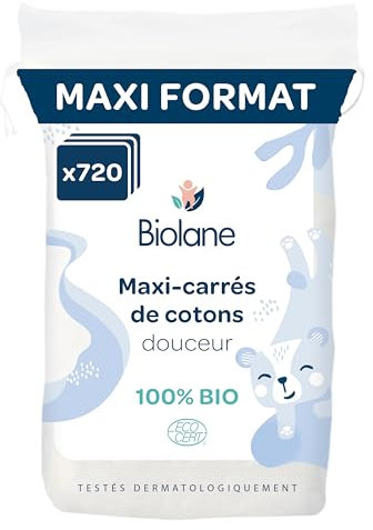 BIOLANE - Lot de 12 Maxi-Carrés de cotons - Bébé - 100% Bio - 720 Cotons - Peaux sensibles - Change & Toilette - Dès la naissance - Fabriqués en France