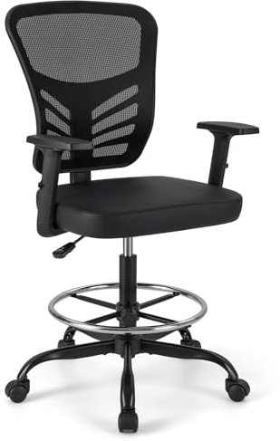 COSTWAY Arbeitsstuhl, Bürostuhl mit verstellbaren Armlehnen und Fußstütze, Sitzhöhe 54-75 cm, Hoher Drehstuhl, Computerstuhl, Schreibtischstuhl bis 150 kg Belastbar, Schwarz