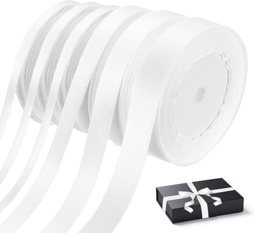 6 Rollen Geschenkband Weißes Satinband Weiss Schleifenband, Breit 6/10/15/20mm x 22m Polyester Dekoband für Luftballons Hochzeit Geburtstag Party Deko DIY Geschenkverpackung Geschenk Bands