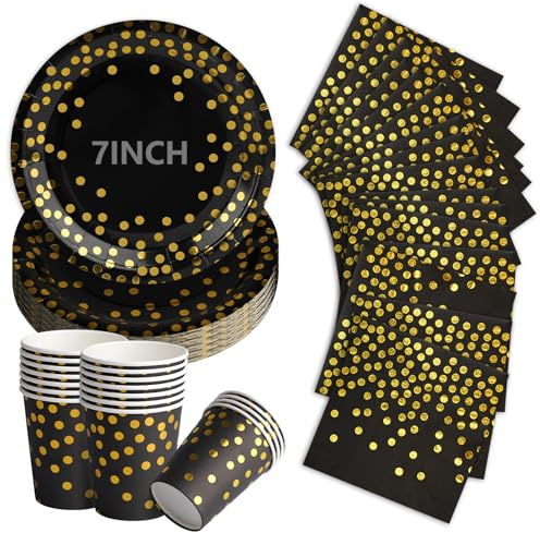 75Pcs Black and Gold Paper Plates, Disposable Party Plates Cups and Napkins, 7 Inch Strong Paper Plate, Party Tableware Set for Birthday Bridal Shower Wedding Table Decorations