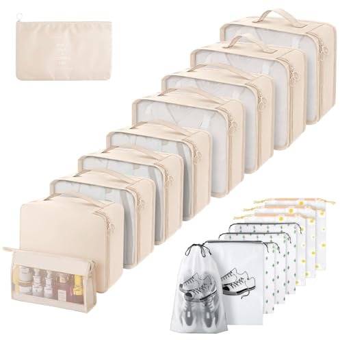 Gemtte Koffer Organizer Set 18-teilig, Wasserdicht Packing Cubes, Multifunktionale Travel Packwürfel, Kofferorganizer Packtaschen für Koffer, Reise Organizer Set Mit Kleidertaschen (Beige)