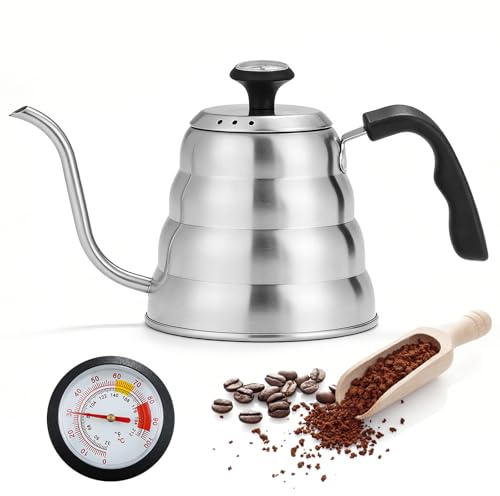 Schwanenhals Wasserkocher, 1000ml Edelstahl Wasserkessel Mit Thermometer, Langlebig Und Einfach Zu Reinigen Kaffeekanne Mit Präzisions Tropfauslauf Für Filterkaffee, French Press, Teekocher