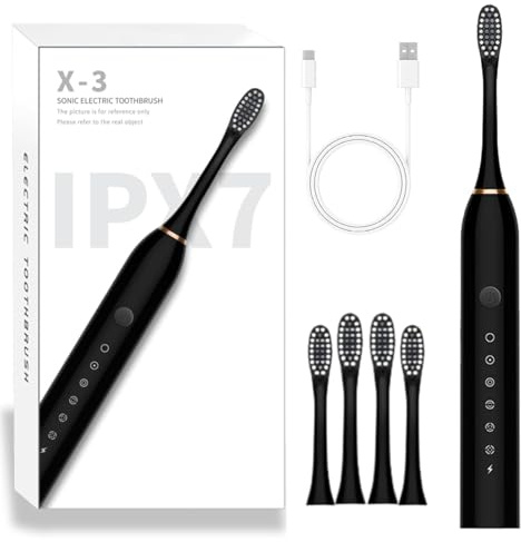 Spazzolino Elettrico, Spazzolino Elettrico Sonico Denti per Adulto & Kinder, 4 Testine 6 Modalità, Spazzolini Elettrici per Ricarica rapida USB, Pulizia Sonica 42000 VPM per Rimuovere il Placca, Nero