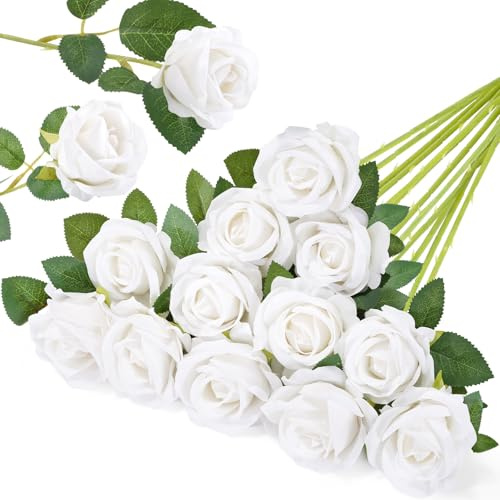 Lifewit 12 Pcs White Artificial roses Flowers in Bulk, Fake Long Stem Silk Roses for DIY Wedding Bouquets, Centerpieces Arrangements, Valentine Decorations