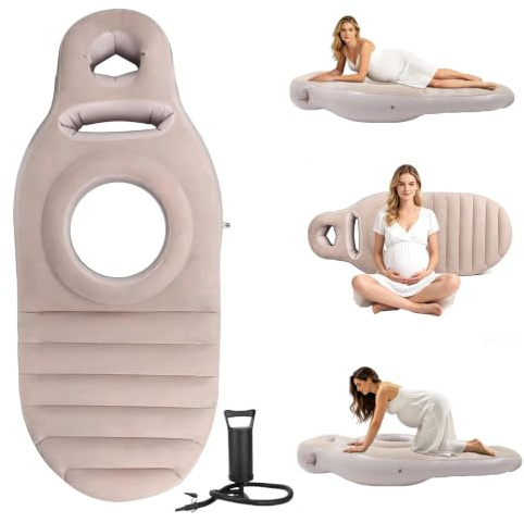 Aufblasbares Schwangerschaftskissen, Yogamatte für Schwangere Bequeme Beflockte PVC Luftbett mit Pumpe, Schwangerschaftsluftbett Schwimmhilfe für Bauchschläferinnen Schwangerschaftspool(Beige)