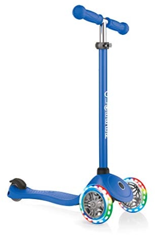 Globber Primo Lights – Tretroller Kinder, 120/80 mm, ABEC 5, 3-rädrig, höhenverstellbar, LED-Leuchtrollen, dunkelblau