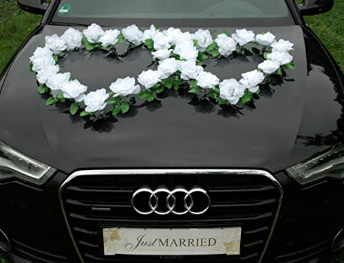 DOPPEL Herz Auto Schmuck Braut Paar Rose Deko Dekoration Autoschmuck Hochzeit Car Auto Wedding Deko Ratan (Reinweiß/Reinweiß)
