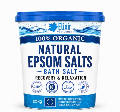 Elixir Gardens Epsom Salts 100% Organic FCC Food Grade Genuine Naturally OCCURING Medical Grade Various Sizes 5kg - 25kg | 20kg, Tub | Mined in Germany