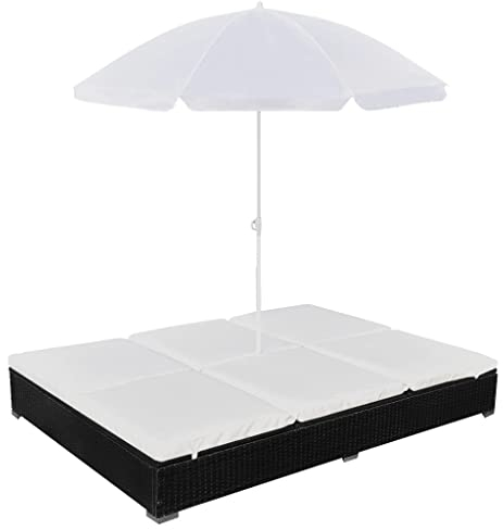 vidaXL Tumbona con Sombrilla Jardín Mueble Hamaca con Parasol Piscina Asiento Sofá Exterior Patio Terraza Ratán Sintético Negro Material Tipo Mimbre