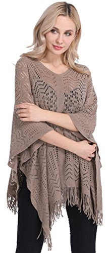 LvRao Poncho Stilvolle Strickepullover Rundhals Cape mit Quasten für Frauen Frühling Herbst Strand Cover-Ups Pullover Tops (Khaki, Eine Größe)