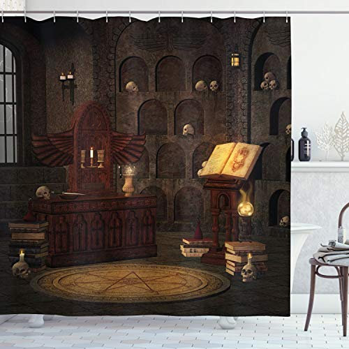 ABAKUHAUS Okkult Duschvorhang, Magicians mit Schädel, Stoffliches Gewebe Badezimmerdekorationsset mit Haken, 175 x 180 cm, Braun
